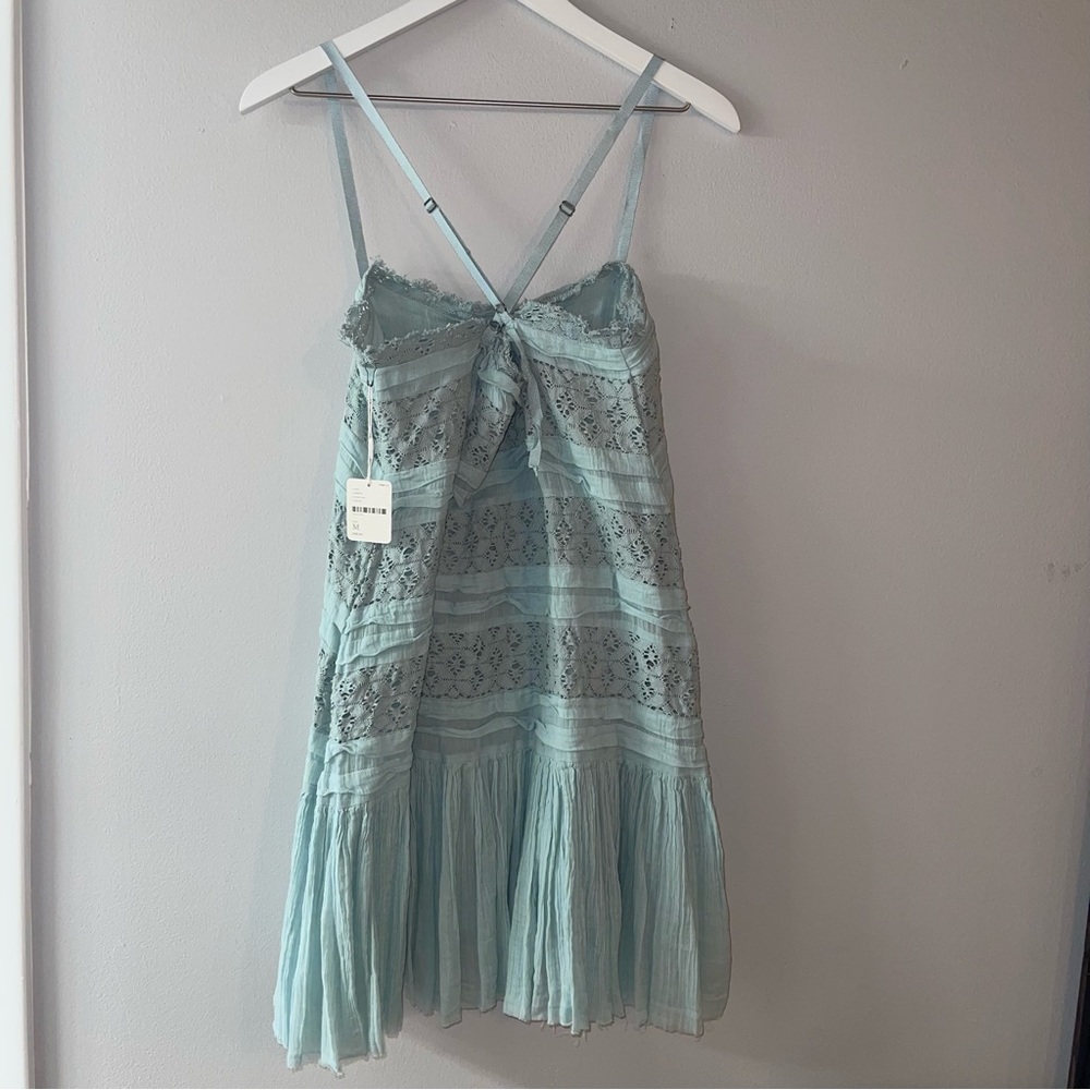 New Free People FP One Shailee Slip Dress Lace Mint Sky Blue Green Cotton Medium - Picture 9 of 11